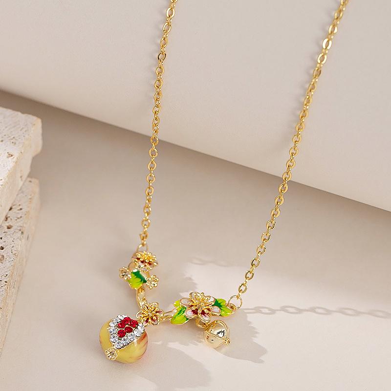 Copper plated real gold sweet exquisite sweet cool wind enamel oil drop pomegranate flower collarbone chain women's high sense summer necklace