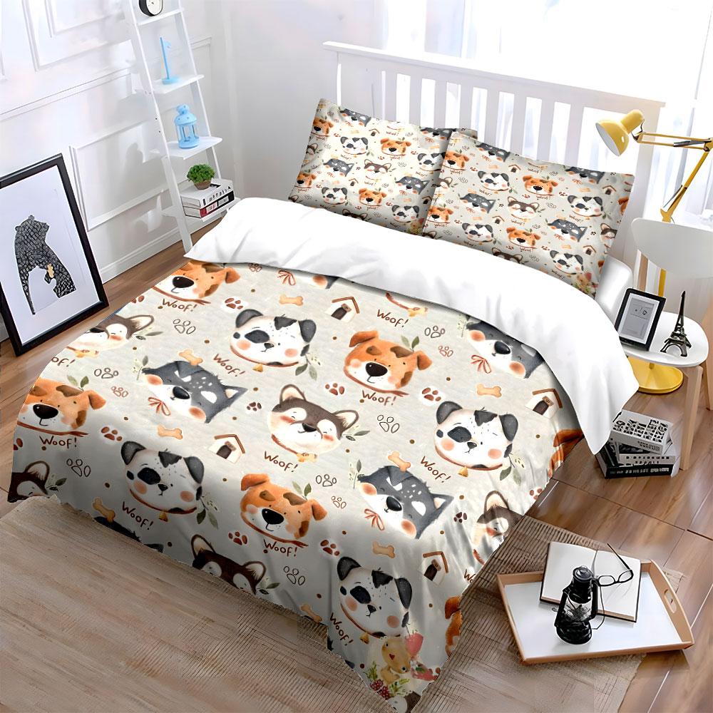 Cartoon Dogs and Paw Prints Print Bedding Set 1 Duvet Cover 2 Pillowcases for Adult and Children Luxury Gift Full Size