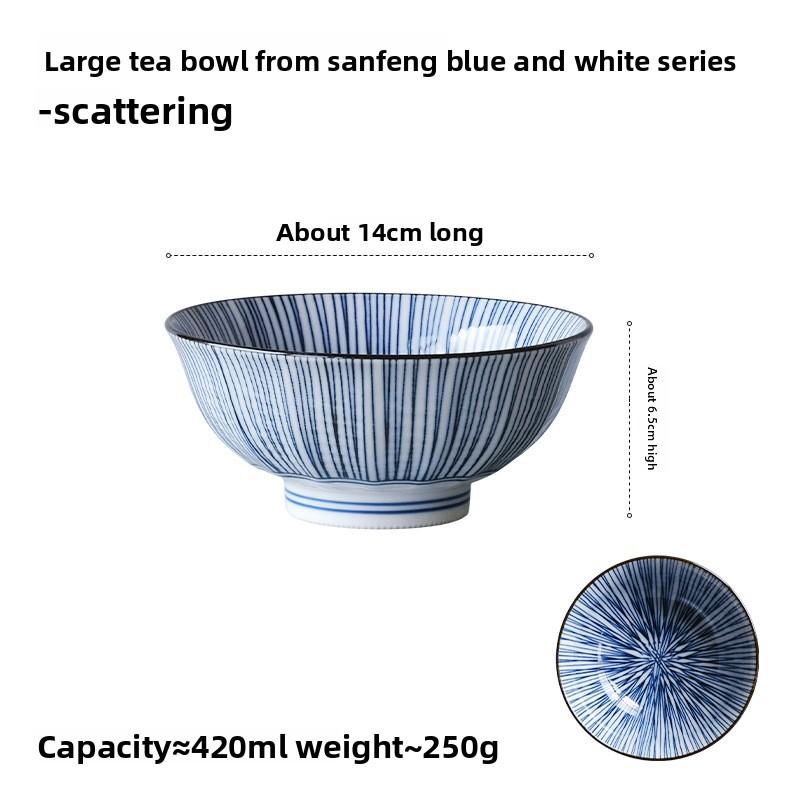 Japanese Mino Ware Sampo Blue Deep Rice Bowl Microwave Safe Large Retro Home Tableware