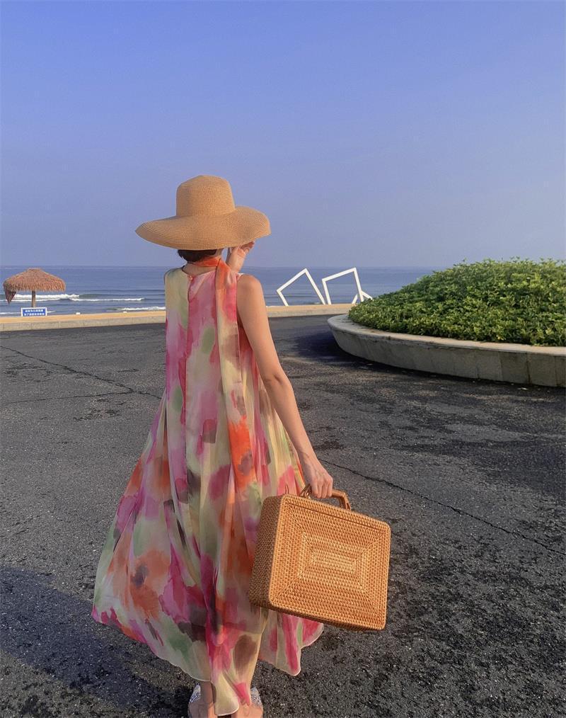 High-End Ombre Halter Sleeveless Long Dress - Elegant Beach Vacation Style