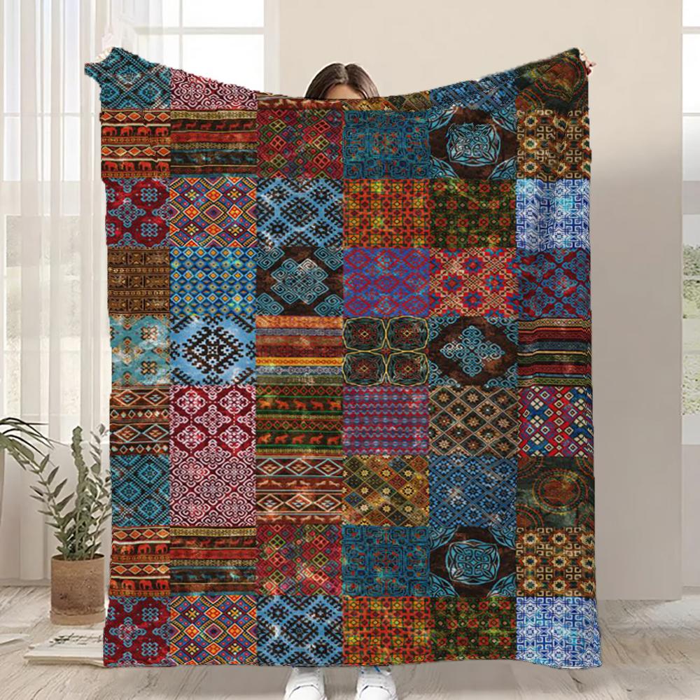 Flannel Throw Blanket Lily of The Valley Bohemian Patchwork Vibrant Vintage Blanket All Season Blankets for Sofa Bed Travel Gift 100cm x 150cm