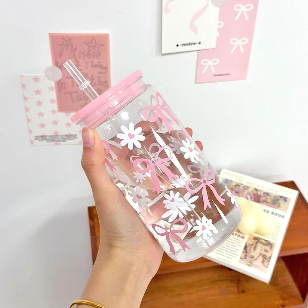 Cute Bow Glass Water Cup with Straw, Cartoon Stripe Design, Ideal for Fruit Tea & Lemonade, Perfect Gift for Girls