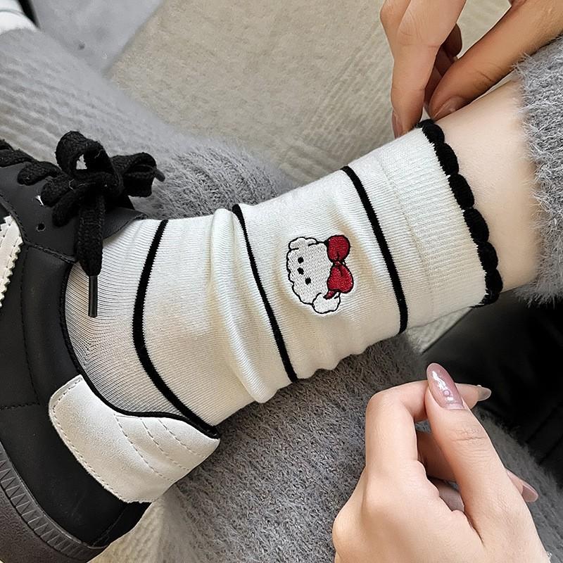 Socks Medium Tube Socks Season Cotton Embroidery Puppy Cute Cartoon Lace Bubble Mouth Striped Stacking Socks Women