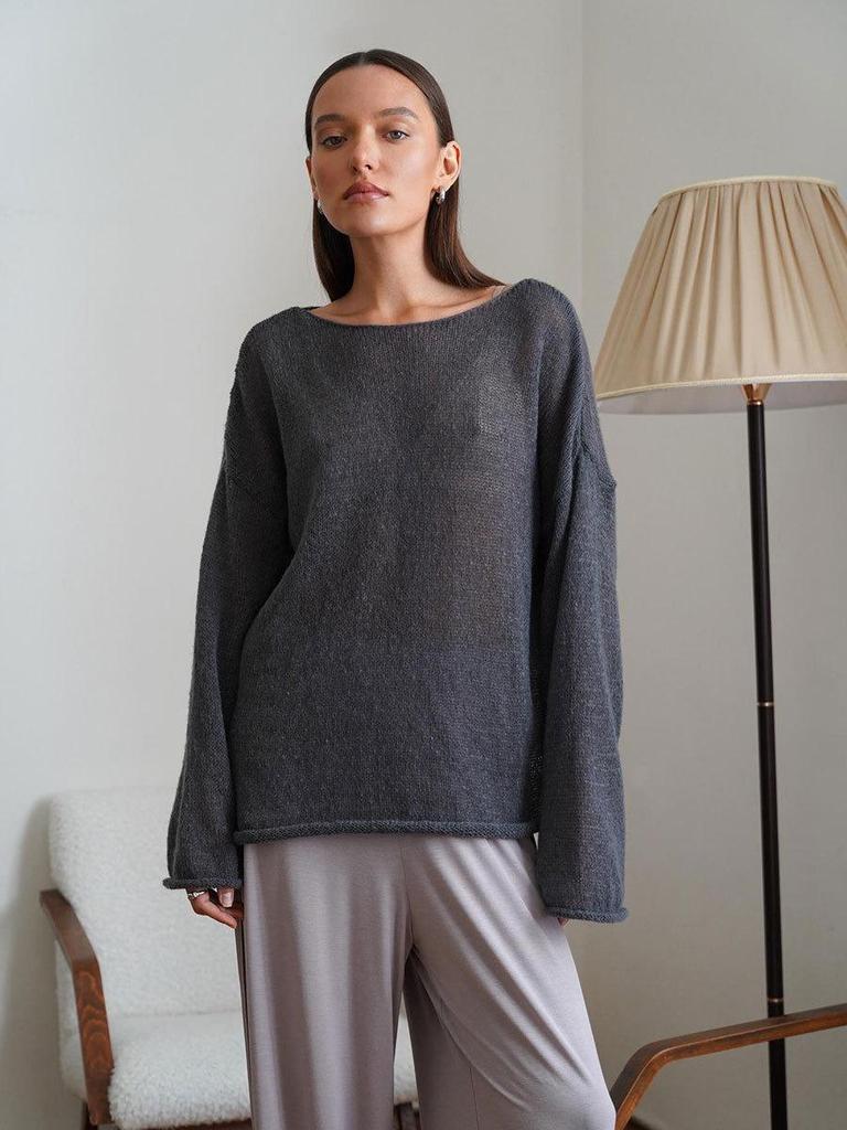 "2025 Spring/Summer Women's Sheer Knit Sweater: European and American Style, Trumpet Sleeves, Round Neck"