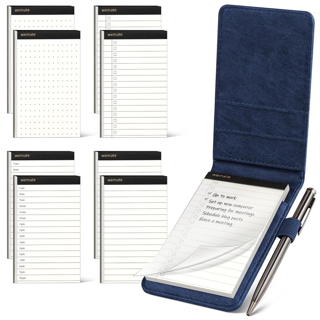 WEMATE A7 Vertical Ruled Notepads with Dots Time Schedule Set of 10 1 Metal Ballpoint 8 Pages in 4 with Card Pockets Pen PU Leather for Meetings and