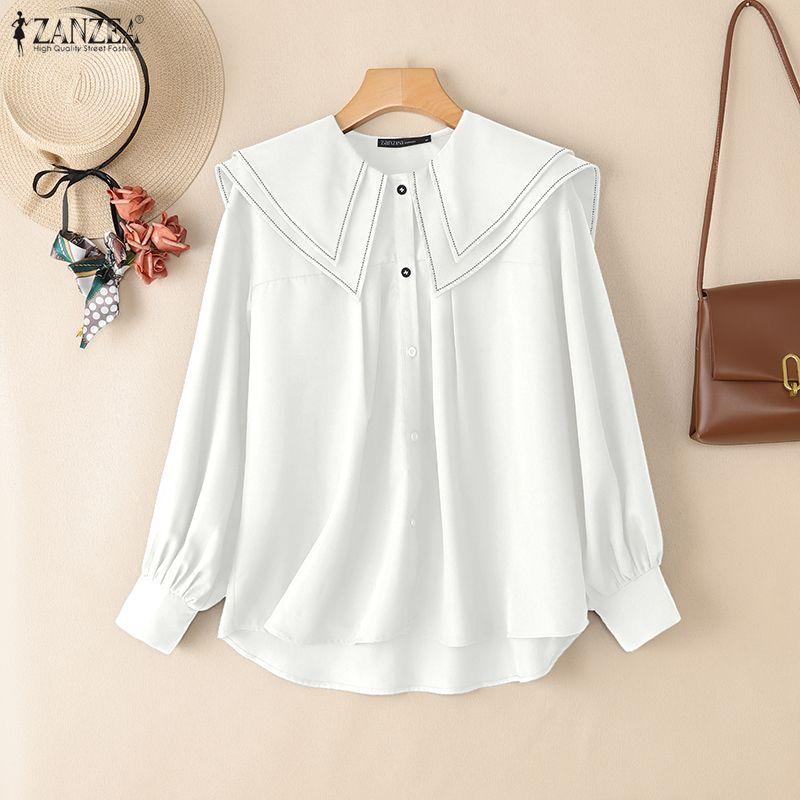 ZANZEA Women Casual Doll Collar Loose Long Sleeve Blouse
