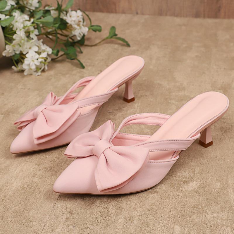 Fashion Slender Heel Baotou Cool Drag Women's Fashion Pointed Toe Shallow Mouth Bow Cutout Non-Slip Wear-Resistant High Heels