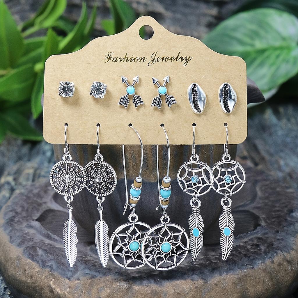 54 Pairs Of Boho Ethnic Style Earrings Ear Stud Combination Set Silver Color Geometric Turquoise Inlaid Party Decor Gifts