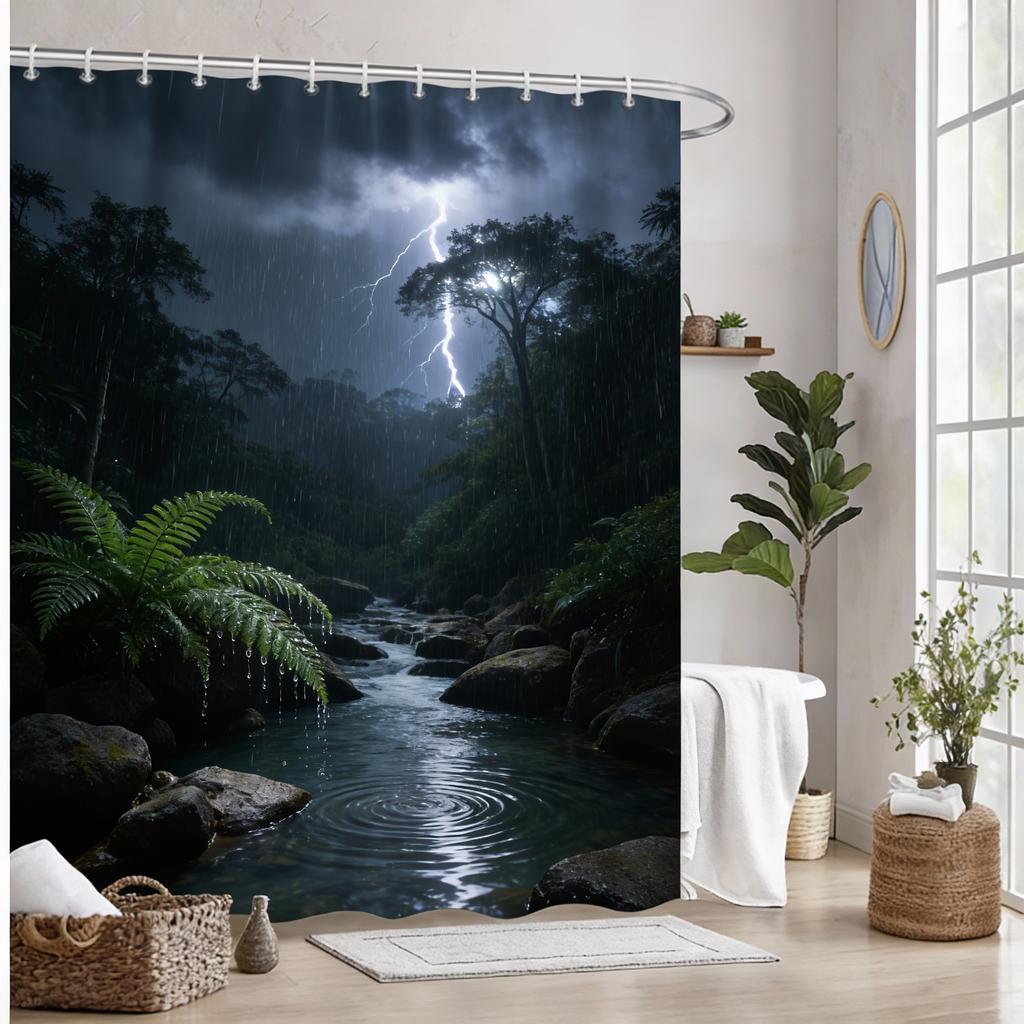 Tropical Paradise Bath Curtain - Lush Palm Trees & Crystal Waterfall, Waterproof Home Decor Adds Exotic Beauty To Your Bathroom