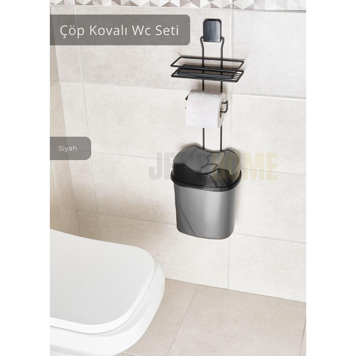 

WC Set with Trash Can, Adhesive Toilet Paper Holder, Stainless Steel Shelf, Toilet Set, Black