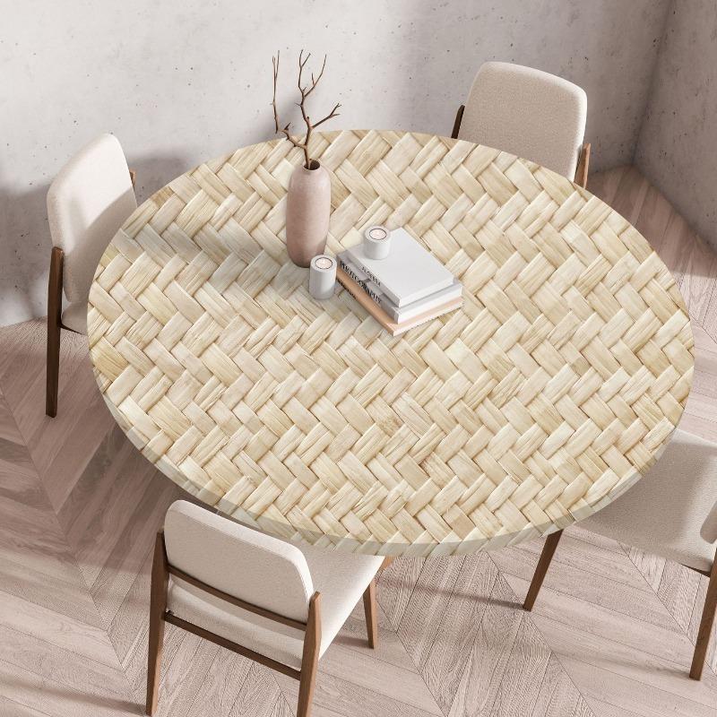 Wooden Patterns Round Table Cover Waterproof Oilproof Stain-Resistant Print Elastic Tablecloth for Kitchen Home Dustproof Decor