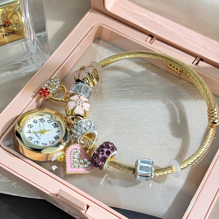 Women Open‑Adjustable Alloy‑Bracelet Quartz Watch Gold‑Tone Beaded‑Flower Pendant Wrist Watch