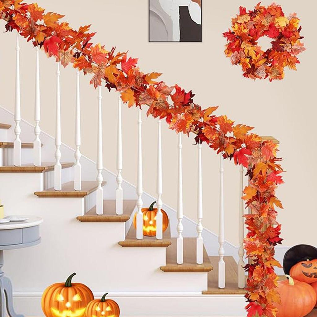 Artificial Fall Leaves Garlands 4Pcs Autumn Fall Thanksgiving Maple Leaves Rattan Halloween Seasonal Harvest Decoration