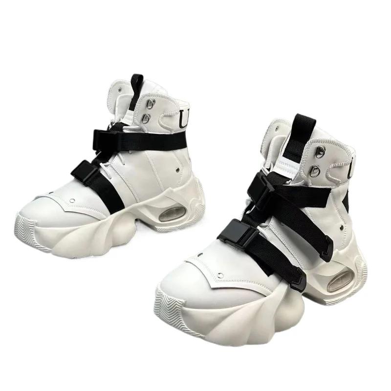 Fashion Men's High Top Thick Soled Height Increasing Comfort Waterproof Anti Slip Sports Shoes Buckle Belt Wear-resistant Fashion Boots