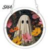 Transparent Halloween Wall Decor Acrylic Suncatcher Jigsaw Puzzle Set, Spooky Ghost Floral Meadow Window Hanging Ornament with Metal Cheerful Frame &