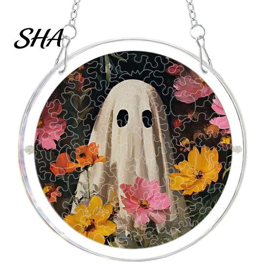 Transparent Halloween Wall Decor Acrylic Suncatcher Jigsaw Puzzle Set, Spooky Ghost Floral Meadow Window Hanging Ornament with Metal Cheerful Frame &