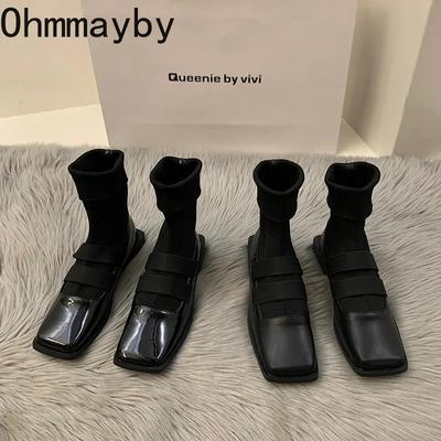 Botines Chelsea de Mujer Moda Slip On Señoras Comodidad Flats Botines Zapatos Cuero Patente Negro Calzado de Invierno para Mujer