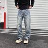 New American Trendy Brand Loose Straight Plaid Cloth Splicing Jeans Men's High Street Retro Casual Pants Men's Clothing