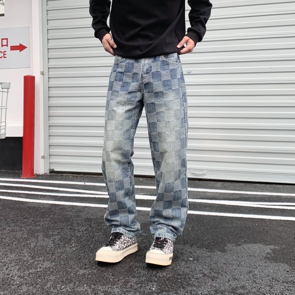 New American Trendy Brand Loose Straight Plaid Cloth Splicing Jeans Men's High Street Retro Casual Pants Men's Clothing