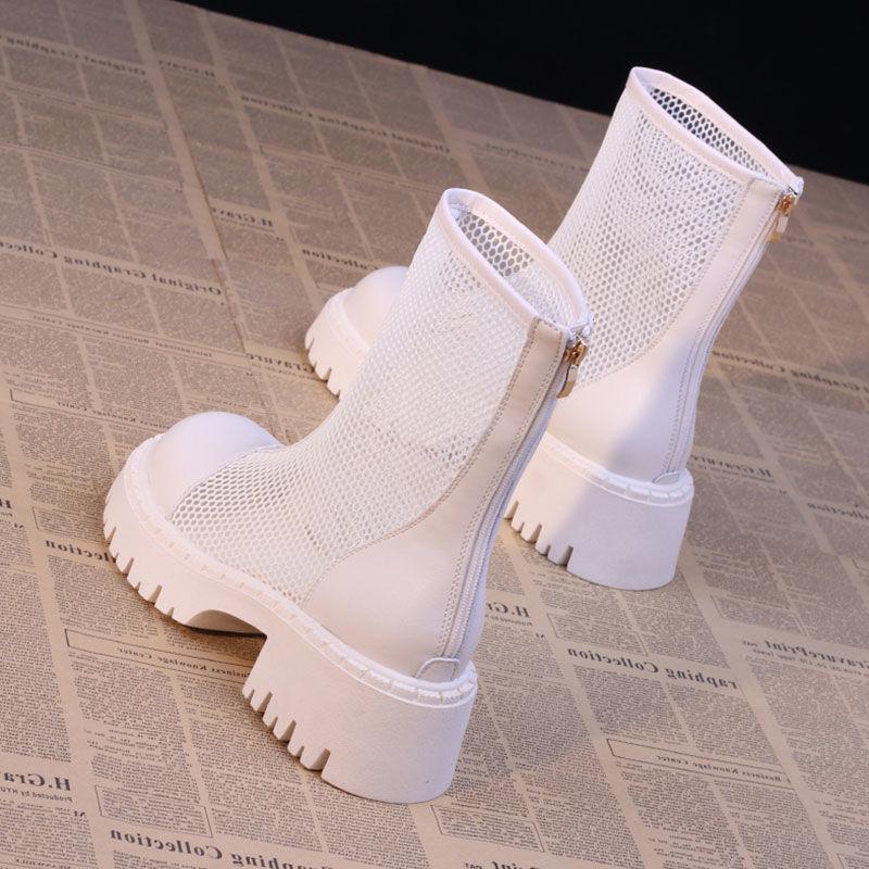 Fashion 2025 Women Breathable Ankle Boots Summer Hollow-out Chunky Ladies High Heels Fashion Hot Sale Woman's White Short Boots De Mujer