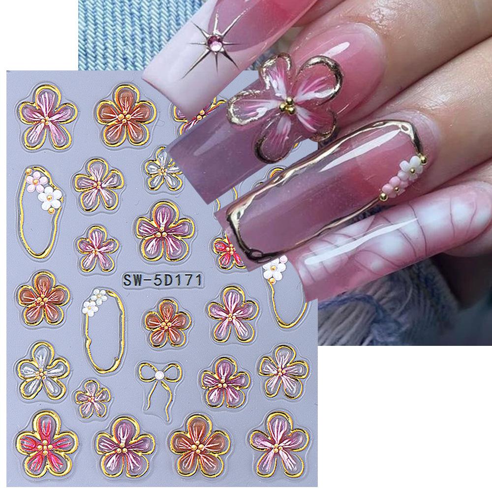 1pc Embossed Floral Nail Stickers - Translucent Flower Bows with Golden Glitter Accents, Self-Adhesive Glossy Nail Art Decals
