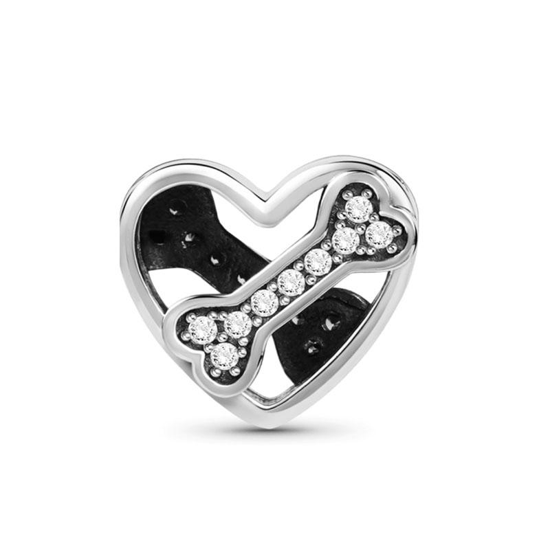 Shiny Zircon Puppy Wolf Charms Dog Claw Bones Clip Beads Safety Chain Pendant Fit Bracelet Women DIY 925 Silver Jewelry