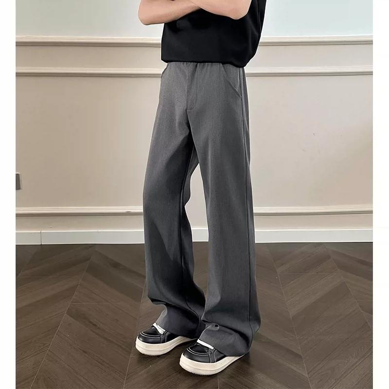 Mens Gray Black Embroidered Flare Dress Pants Old Money Style Relaxed Fit Casual Trousers