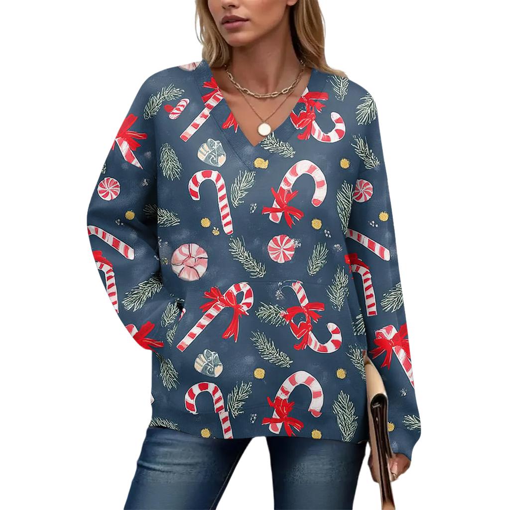 Damtopp med långärmad jultryck och avslappnad design