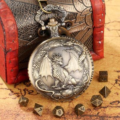 Metallwürfelset mit Drachen-Taschenuhr-Etui 7 Würfel Tragbar Vintage Mehrseitige Spielwürfel Familienabend Party Brettspiel Zubehör