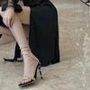 Fashion Summer Fashion Versatile Sexy Black Gold Open Toe Snake Sandals with Ring Toe and Slim Heel High Heel Sandals for Women