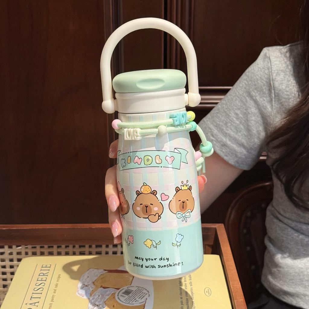 Large Capacity High Value Cartoon Thermos Cup, Girls Portable Double Drink Straw Kettle, Student Strap Cup