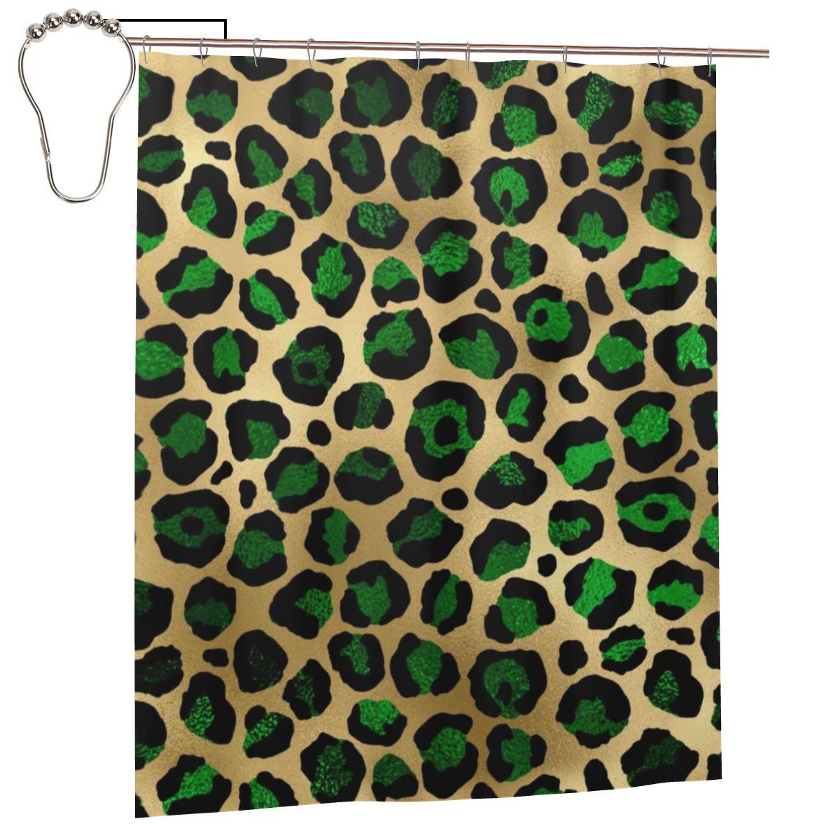 

Emerald Green Leopard Print Shower Curtain Bathroom Polyester Waterproof Bath Curtains With Hooks W60H190(CM)-1 Pcs