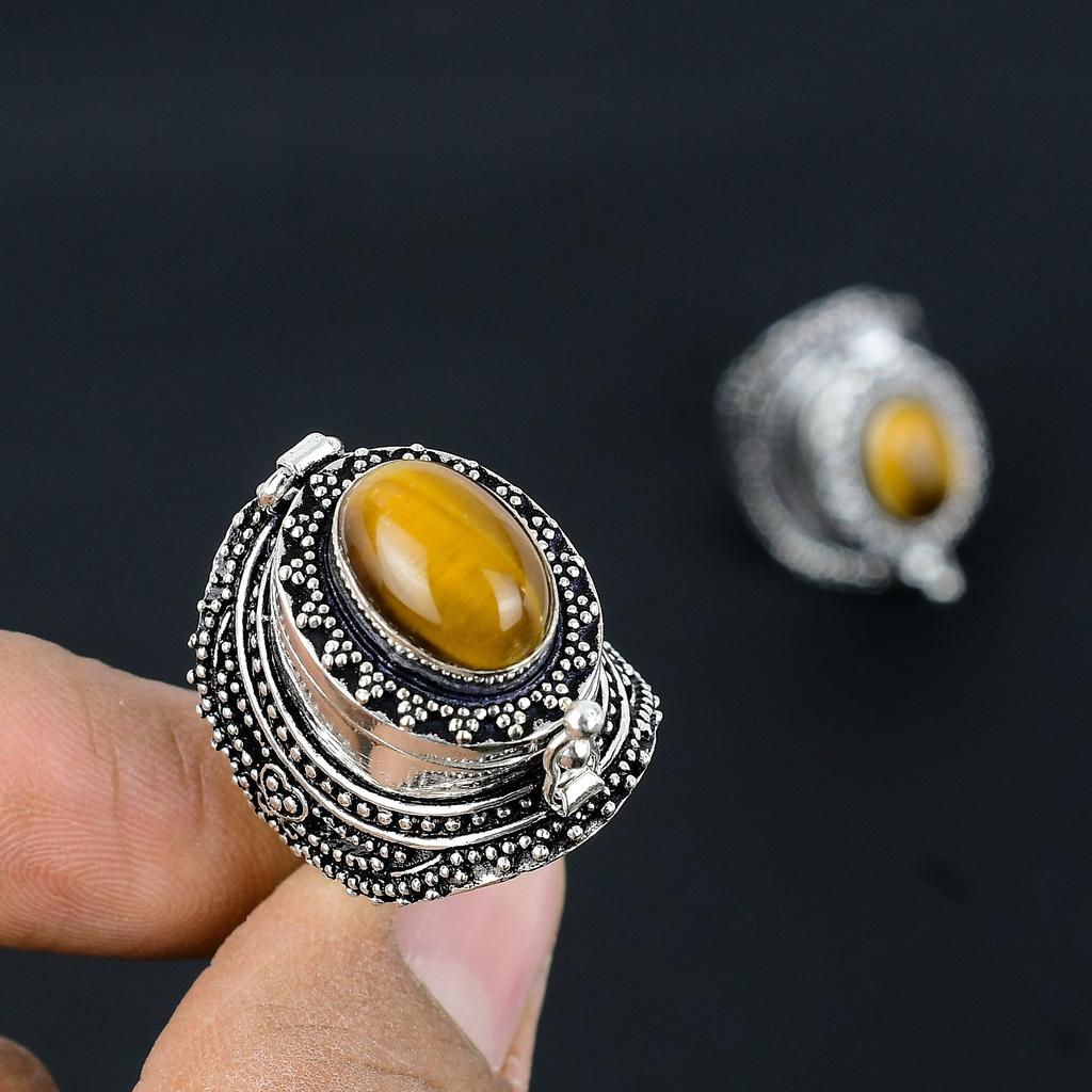 Tiger Eye Gemstone 925 Sterling Silver Jewelry Poison Ring Jewelry Size 9