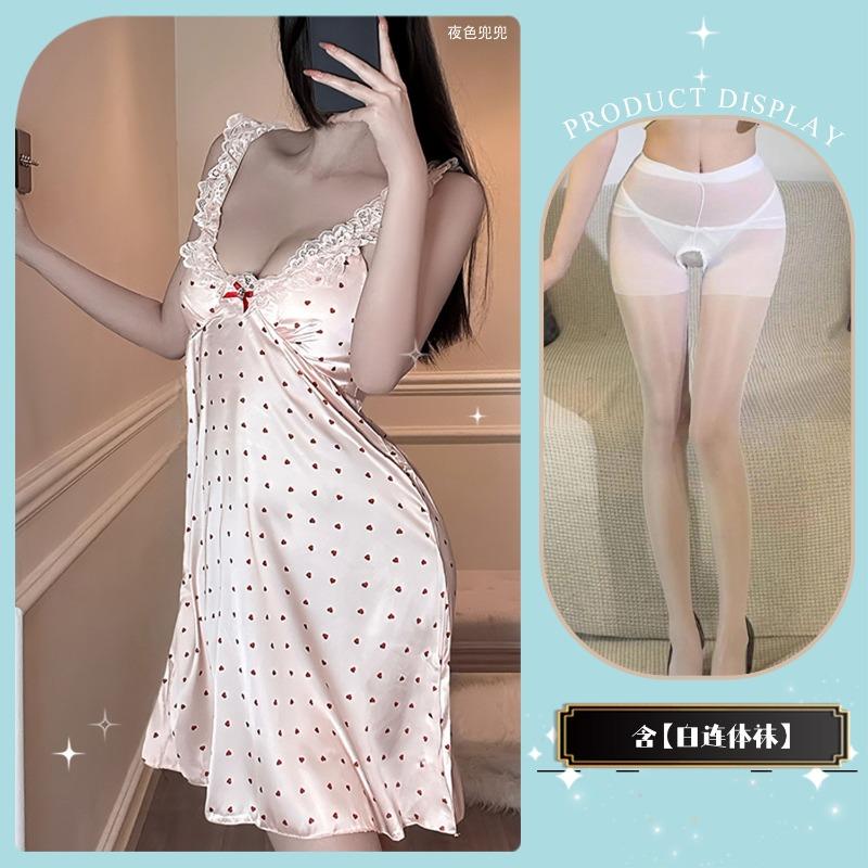 Ice silk suspender nightgown, sexy lace pajamas, spring and autumn pure desire wind women's summer loungewear with chest pads