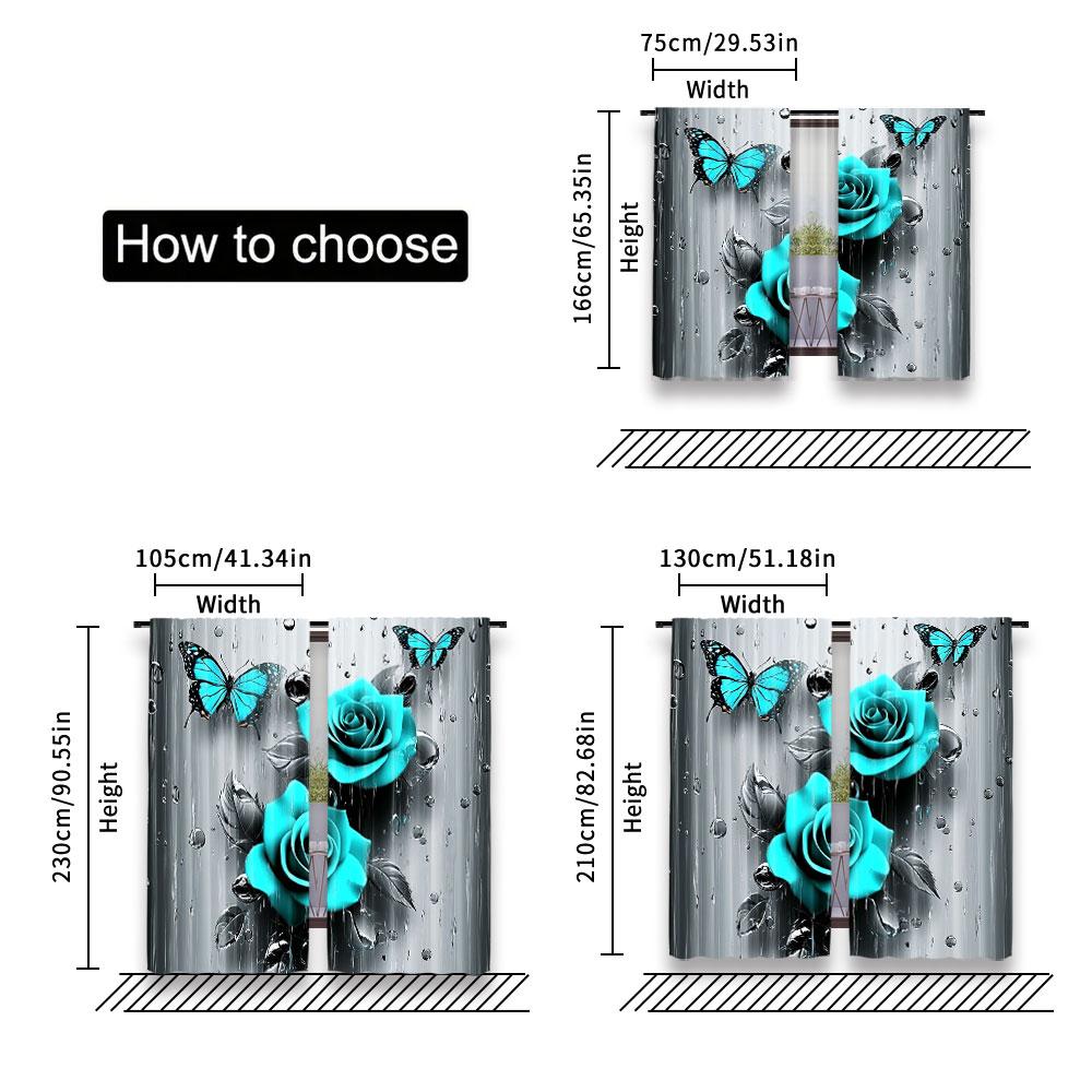2Pcs Teal Rose Curtain Turquoise Floral Raindrops Art Window Drapes Suitable For Bedroom Bathroom Living Room
