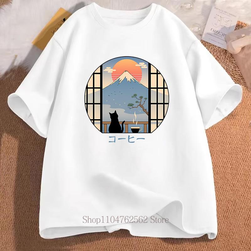 

Tea Cat in Mt Fuji Tshirt Women Unisex Casual Funny Cute Short Sleeve Tops Summer Oversize ONeck High Quality Fashion Tshirts S