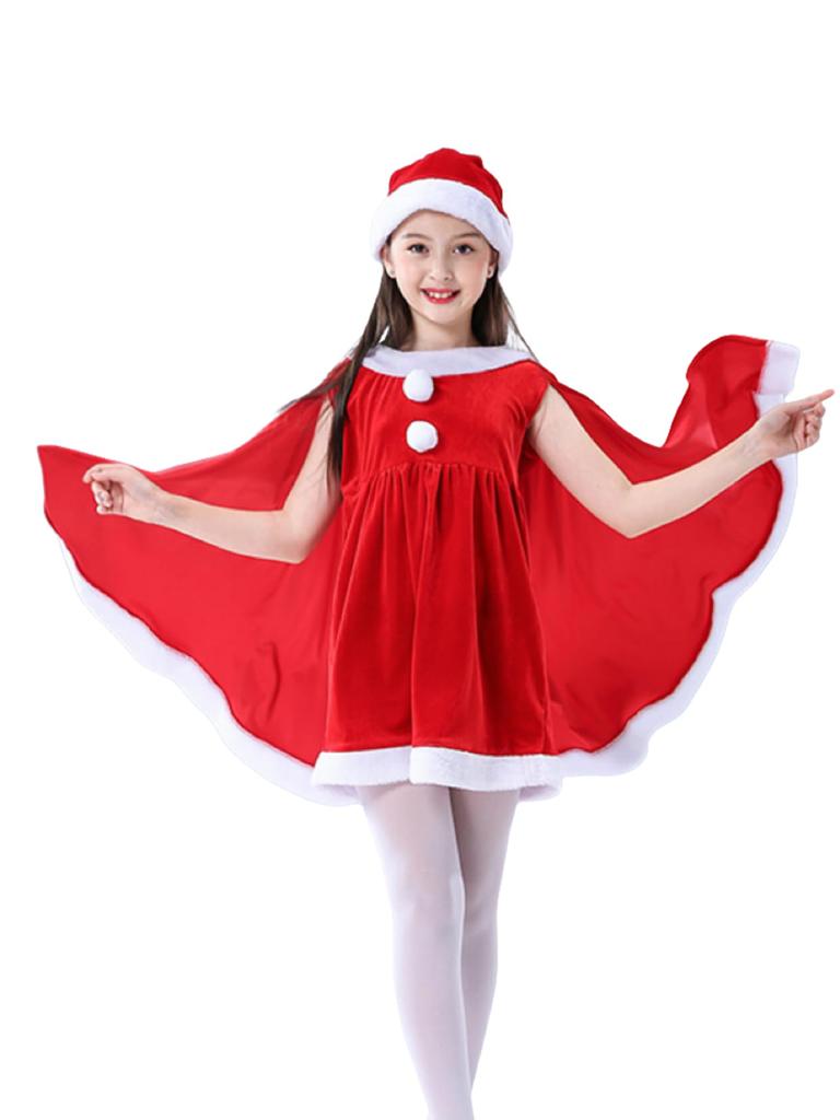 MiniAya Tomtekostym för Flickor, Juloutfit med Kappa och Hatt, Söt Röd och Grön Poncho, Fluffig Jultomtekostym för Flickor, Perfekt