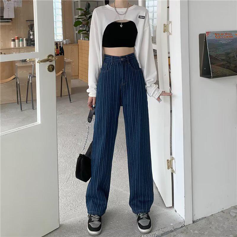 

Retro Gradient Stripe Straight-Leg Jeans – Slimming, Trendy Design L темно-синий