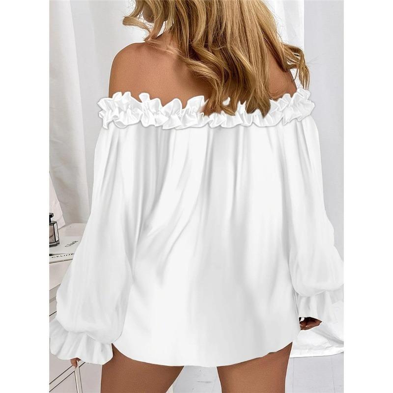 Women's Casual Off-shoulder Ruffled Sleeves Solid Color Loose Large Size T-shirt Clothes Sale