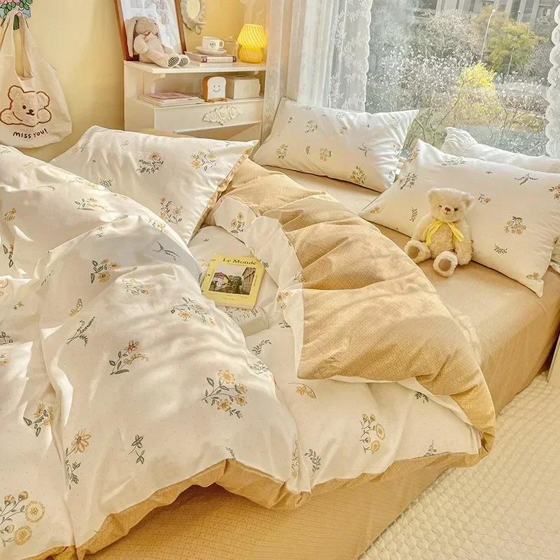 3/4pcs/set 100% Cotton Floral Pattern Duvet Cover Set with Pillowcase Sheet Home Twin Single Queen Size Boys Girls Bedding Sets
