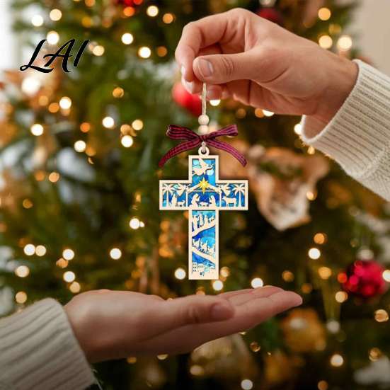 Reusable Christmas Tree Decor Wooden Hollowed Pendant Cross/Christmas Hanging Ornament Decorative Unique Gift for Book Worms Plaid Bow Craft