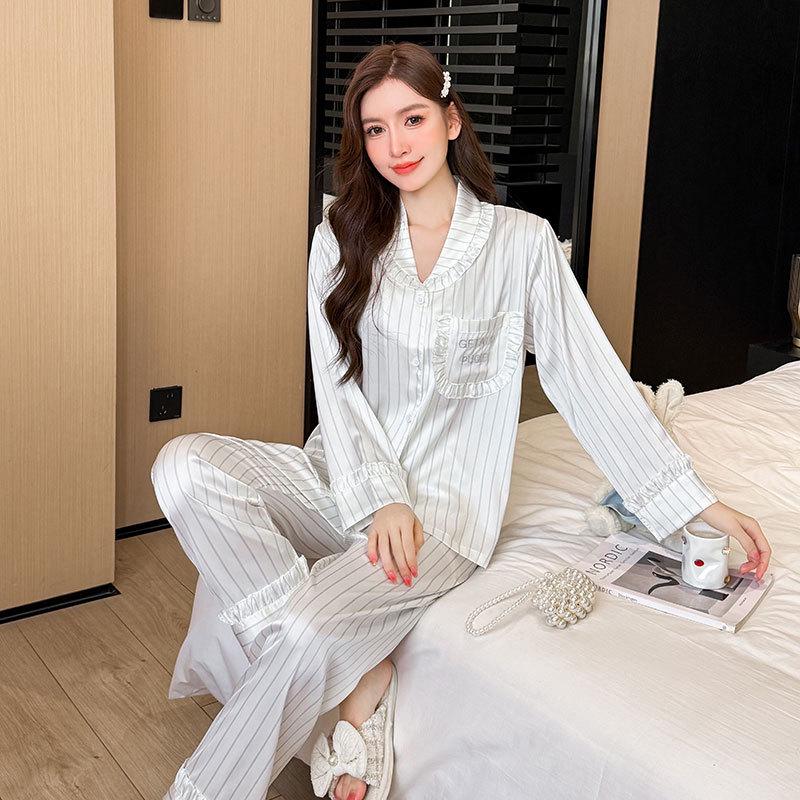 Ice Silk Women's Pajama Set - Striped Embroidery, Long Sleeve & Pants, High-end, Wear Indoors or Out