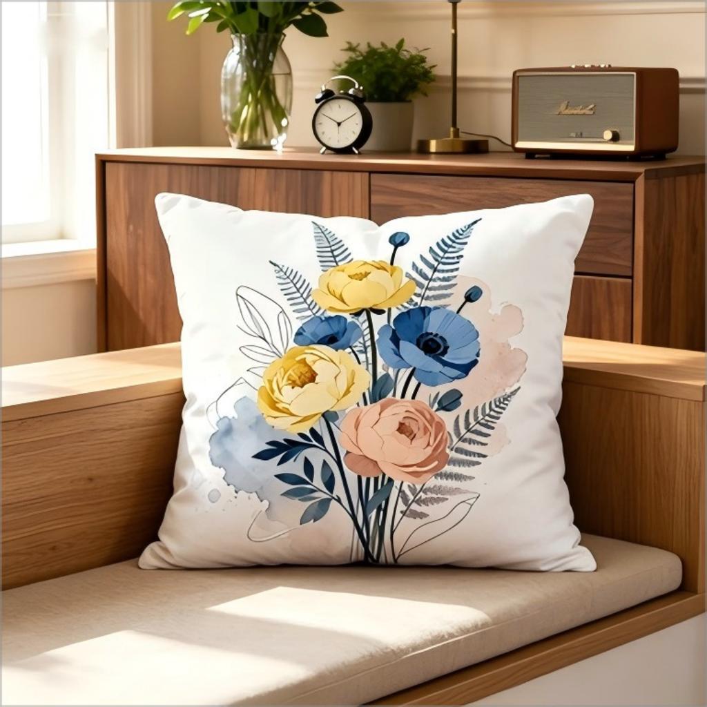 Watercolor Floral Bouquet Print Throw Pillow Cover, Blue Yellow Peach Flower Design, Decorative Cushion For Living Room Sofa