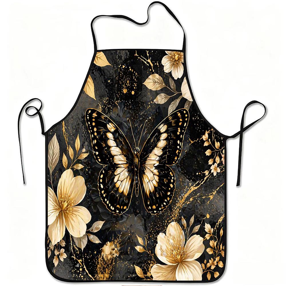 1pc Golden Butterfly And Floral Art Print Apron, Durable And Easy To Clean, Adjustable Waistband, Polyester Material, for Kitchen Cooking, Gardening,