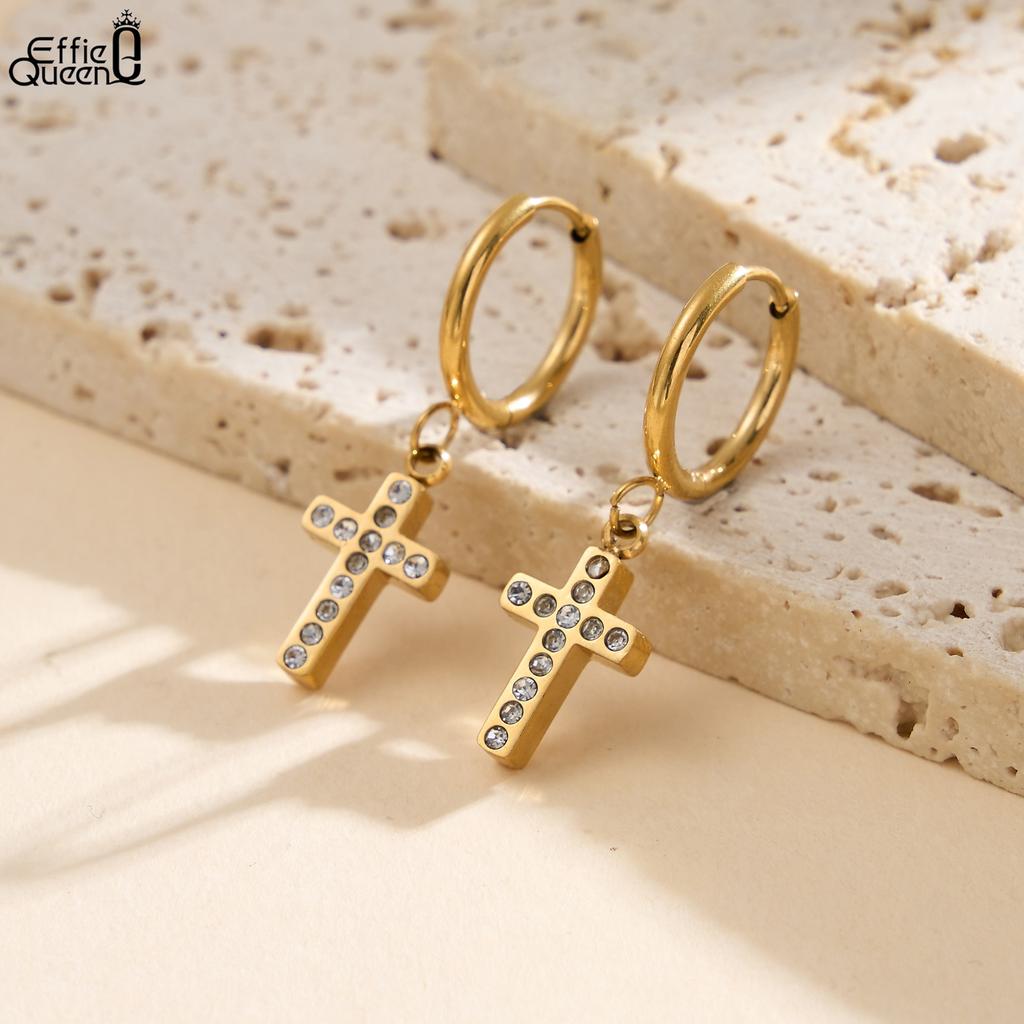 Effie Queen Edelstahl 18 Karat Gold & Zirkonia Kreuz Hängeohrringe Religiöser Schmuck für Frauen Jahrestag Tragen STKE06