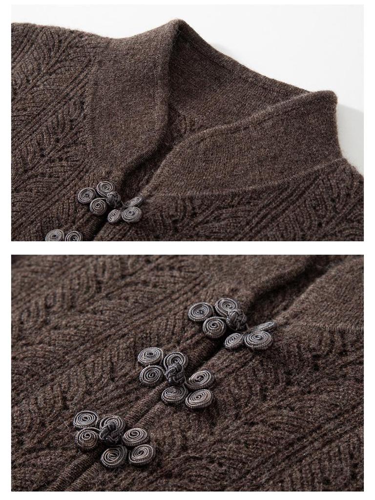 Women's Cashmere Knitted Suit with Chinese Stand Collar and Hollow Skirt, Perfect for Autumn/Winter.