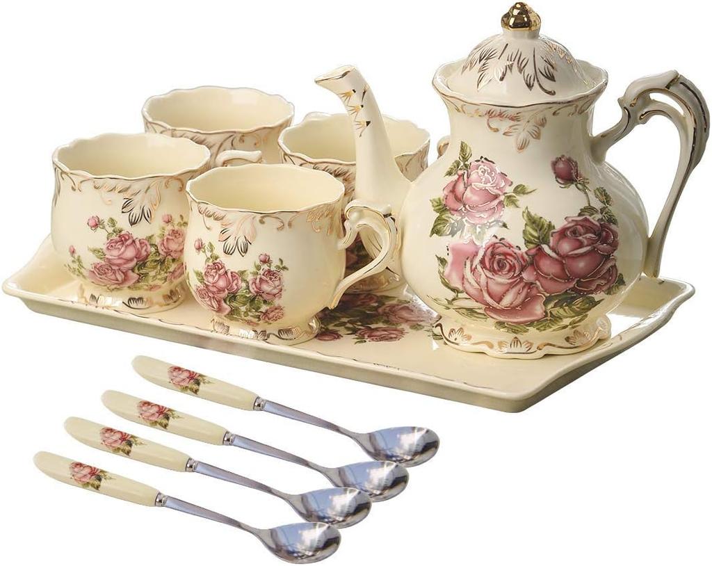 Porcelain Tea Set, Vintage Flowering Shrubs Teapot and Cups Set for Tea Party, Birthday Gifts for Mom Adults Women Wedding
