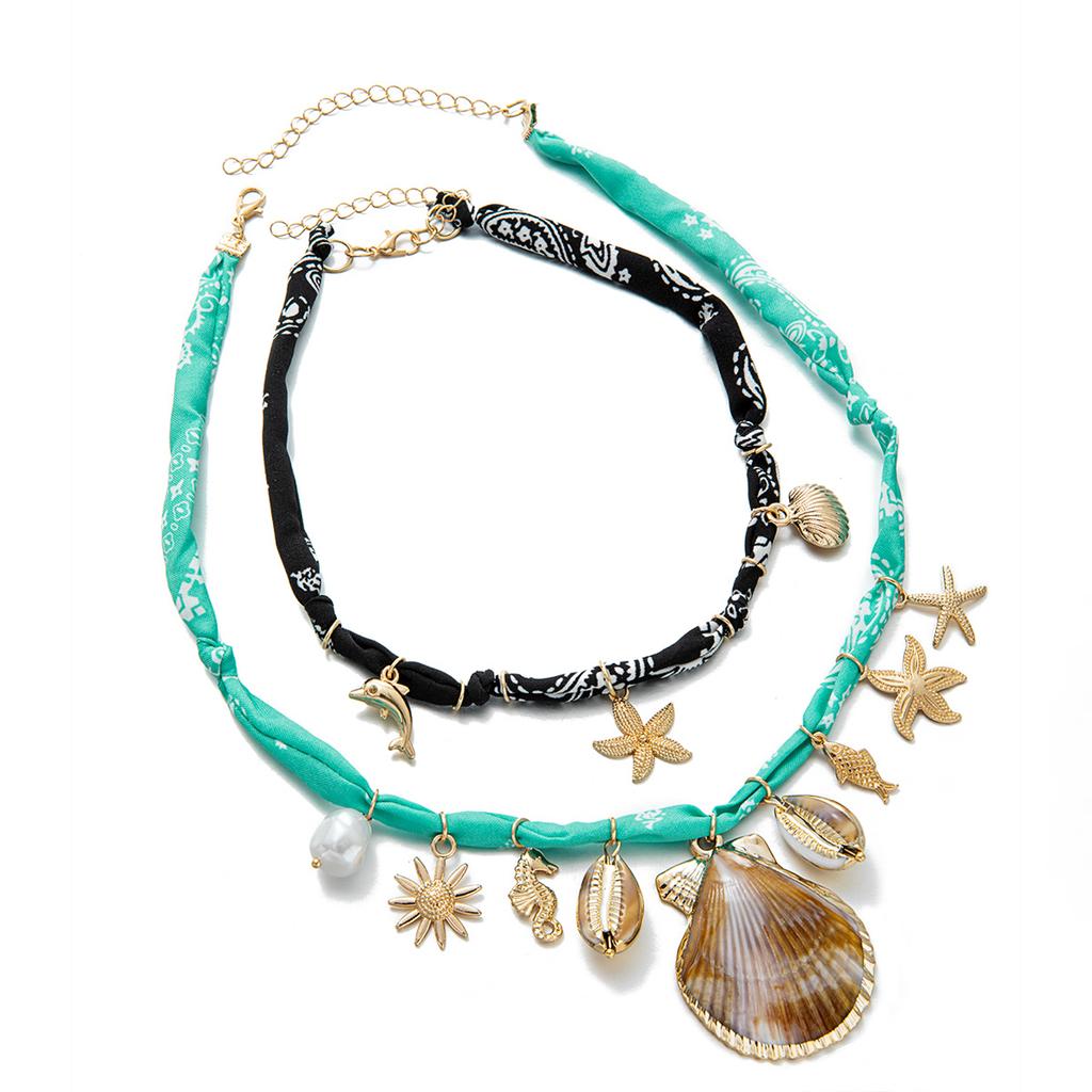 Double-layer stacked ocean-style shell necklace, bohemian vacation-style starfish and conch pendant choker