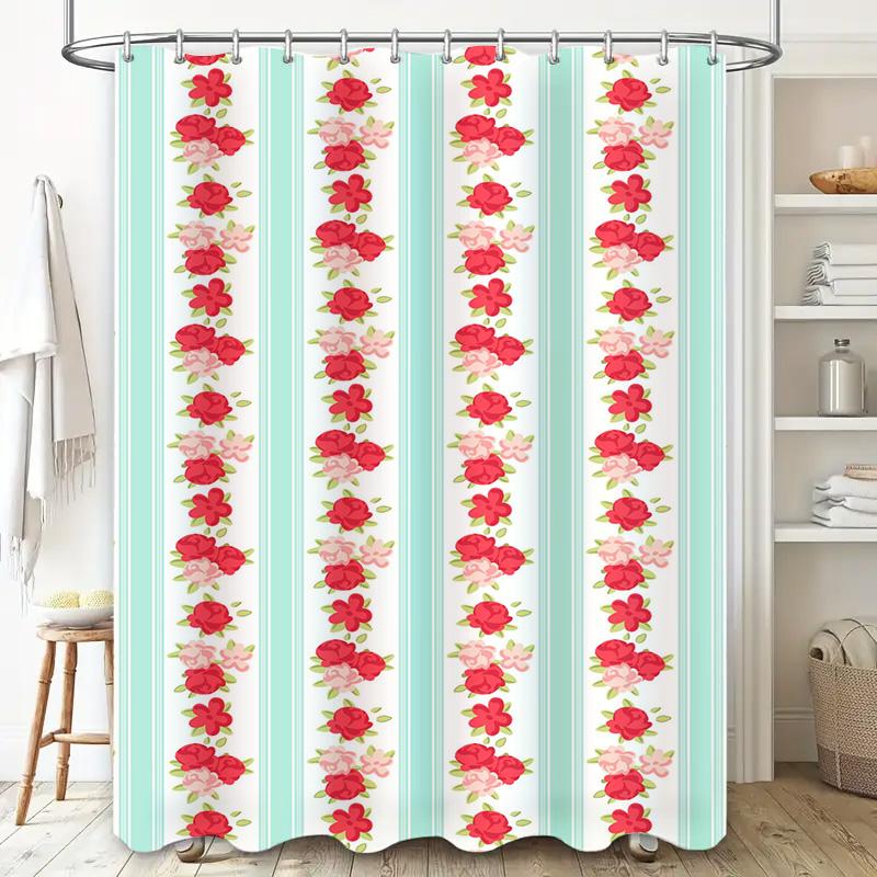 Floral Striped Shower Curtain Soft Fabric Waterproof Bath Decor For Home Bathroom Red Floral Print 72 X 84 Inches (69 Inches) Li