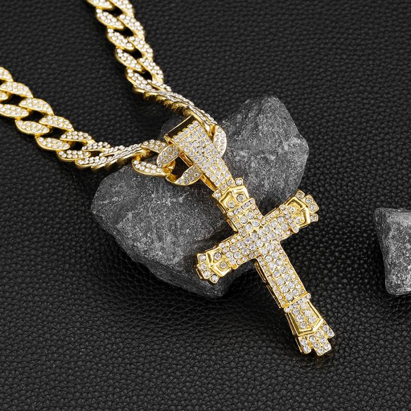 Crystal-Studded Detailed Cross Pendant with Adjustable Cuban Chain - Hip Hop Unisex Alloy Statement Necklace for Men and Women